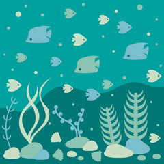 Naklejka na ściany i meble Underwater landscape, tropical fishes, corals and seaweed. Undersea fauna, sea world. Vector flat illustration.