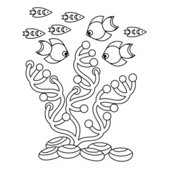 Coloring book page for children , Under water, Marine vector motif . Doodle of the underwater world