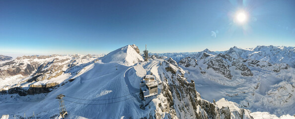 Drone view at mount Titlis over Engelberg in the Swiss alps