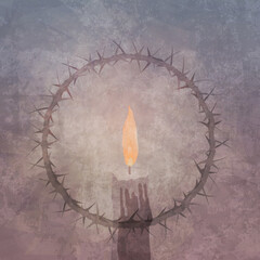 A burning candle and crown of thorns symbolizing the Service of Shadows during Holy Week. In vintage style, with light pastels.
