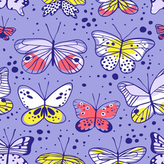 Seamless pattern with butterfly. Hand drawn vector illustration. Decorative elements for design. Black contour drawing. Creative ink art work