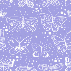 Seamless pattern with butterfly. Hand drawn vector illustration. Decorative elements for design. Black contour drawing. Creative ink art work