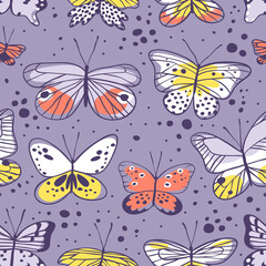 Seamless pattern with butterfly. Hand drawn vector illustration. Decorative elements for design. Black contour drawing. Creative ink art work