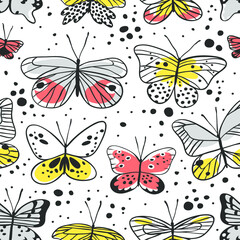 Seamless pattern with butterfly. Hand drawn vector illustration. Decorative elements for design. Black contour drawing. Creative ink art work