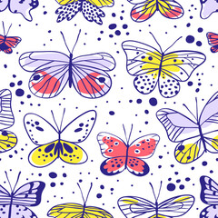 Seamless pattern with butterfly. Hand drawn vector illustration. Decorative elements for design. Black contour drawing. Creative ink art work