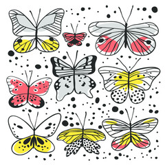Set of butterfly. Hand drawn vector illustration. Decorative elements for design. Black contour drawing. Creative ink art work