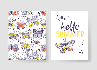 Set of templates for summer cards. Hand drawn vector patterns brochures with butterfly