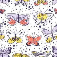 Seamless pattern with butterfly. Hand drawn vector illustration. Decorative elements for design. Black contour drawing. Creative ink art work