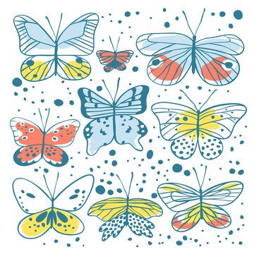 Set of butterfly. Hand drawn vector illustration. Decorative elements for design. Black contour drawing. Creative ink art work