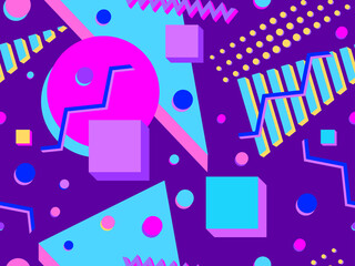 Seamless pattern with 3d geometric shapes in the style of the 80s. Background with colorful geometric shapes. Design of promotional products, wrapping paper and printing. Vector illustration