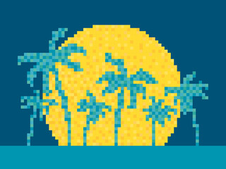 Pixel art palm trees at sunset in 80s style. 8-bit sun synthwave and retrowave. Retro 8-bit video game. Design for printing, wrapping paper and advertising. Vector illustration