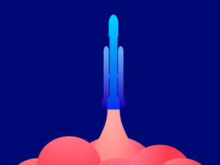 Rocket launch into space. Taking off space rocket. Blue and red gradient. Design for banners, posters and promotional items. Space tourism, modern trend. Vector illustration