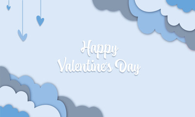 Happy Valentine's Day - Hintergrund in Papierschnitt, Wolken und Herzen hängen von der Decke. Blau Banner, Freisteller. Valentinstag