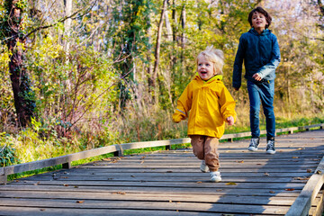 Fototapeta premium Happy siblings playing catch-up in autumn park