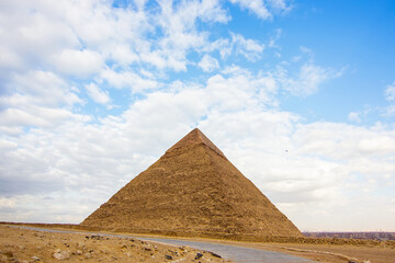 Fototapeta na wymiar The Great Pyramid of Chephren (also known as Pyramid of Khafre). It is the second-tallest and second-largest of the Ancient Egyptian Pyramids of Giza, Cairo, Egypt.