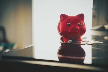 Red pig piggy bank stands on money (euro), bright light from the window