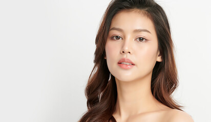 Fototapeta premium Beautiful young asian woman with clean fresh skin on white background, Face care, Facial treatment, Cosmetology, beauty and spa, Asian women portrait.