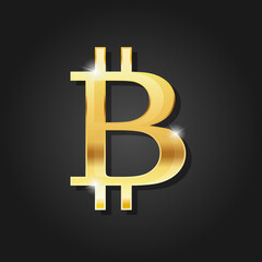 Golden shiny bitcoin icon badge symbol vector