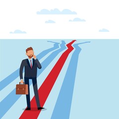 Obraz premium Choosing the right path. Thoughtful businessman, different arrows ways. Making decision about business strategy or company future. Career start. Vector cartoon flat isolated concept