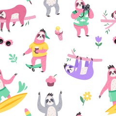 Cute sloth seamless pattern. Cartoon animals characters, different activities, poses and sweets, lazy slow creatures isolated on white background. Decor textile, wallpaper, vector print