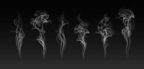 Vector realistic smoke or steam set isolated on dark background - 485571774