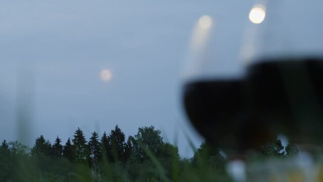 View of evening moon with glasses of wine at front. Two glasses in a fild outside. With forest and moon on background. Bugs fluing in air. Concept of romantic date