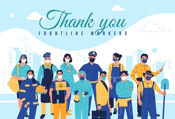Frontline workers poster. Professionals characters group, main areas specialists, people in medical protective masks, emergency doctors, policemen in uniforms, vector isolated concept