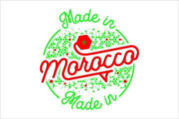 Logo made in morocco plus arabesque shape printed for t-shirt clothing. Moroccan flag. Typography Vector illustration. Isolated logo as a rubber stamp for t-shirt mockup. disintegration effect.