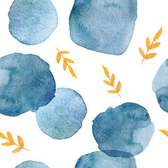 Abstract nordic print with blue drops with gold elements on white background. Watercolor seamless pattern. Mixed media art