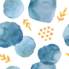 Abstract nordic print with blue drops with gold elements on white background. Watercolor seamless pattern. Mixed media art