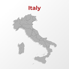 A modern map of Italy with a division into regions, on a gray background with a red title.