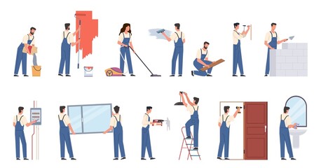 Fototapeta na wymiar People making renovation. Workers in overalls, men and women carry out repair work, interior wall painting, installing doors and windows, electrical and plumbing replacement, vector set