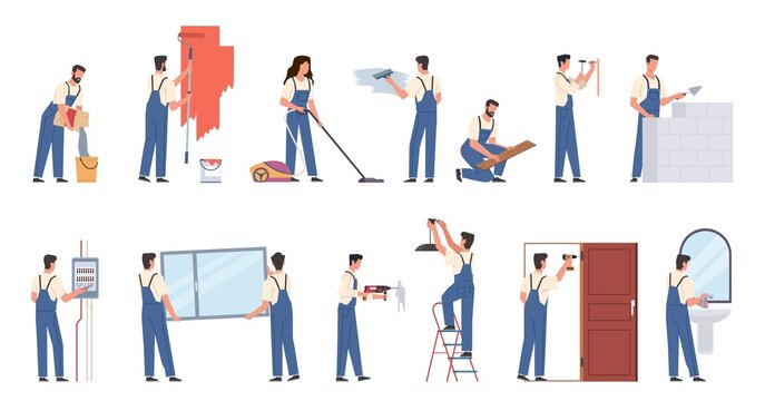 People making renovation. Workers in overalls, men and women carry out repair work, interior wall painting, installing doors and windows, electrical and plumbing replacement, vector set