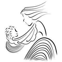 gentle image of mother and her child, unity with nature, black outline