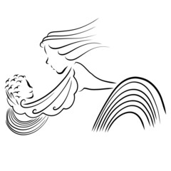 mother with a skirt in the form of a rainbow caresses her son with a hand similar to a wing, the child's hair is like flying birds