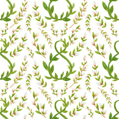 Seamless watercolor pattern, botanical elements, willow twigs, green number 8 on a white background, for Women's Day.