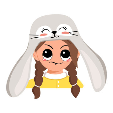 Girl with big eyes and emotions of suspicious, displeased face in rabbit hat with long ears. Child with annoyed expression for Easter, New Year or carnival costume for party. Vector flat illustration