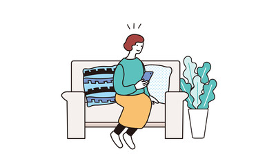 ソファに座りながらスマートフォンをもつ女性のイラスト