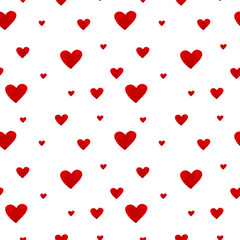 Big and small hearts on a white background. Red hearts in watercolor. Seamless pattern. For decoration for a holiday. Valentine's day, birthday, wedding.