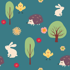 Cartoon seamless pattern for childish hare, hedgehog, chick in flowers and trees. Funny animals. Seamless pattern can be used for wallpaper, pattern fills, web page background, surface textures.