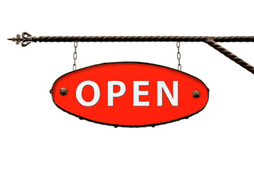 Signboard with the inscription OPEN. Oval red signboard in a metal frame isolated on a white background. Mock up on a white background.