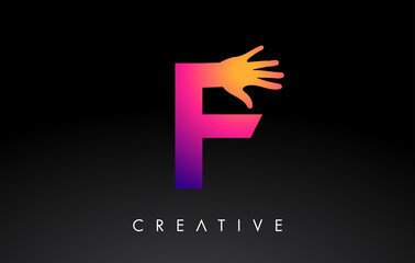 Obraz premium Purple Letter F Logo with Hand Silhouette Vector Icon Illustration. Creative Hand Logo Letter