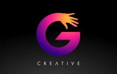 Purple Letter G Logo with Hand Silhouette Vector Icon Illustration. Creative Hand Logo Letter