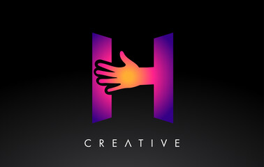 Purple Letter H Logo with Hand Silhouette Vector Icon Illustration. Creative Hand Logo Letter