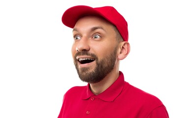 close-up portrait of a delivery courier wearing a red uniform