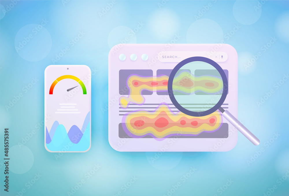 Poster heat map and page speed optimization website seo tool 3d concept. website heatmap insights and behav