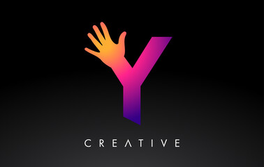 Fototapeta premium Purple Letter Y Logo with Hand Silhouette Vector Icon Illustration. Creative Hand Logo Letter