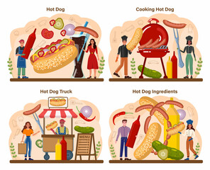 Fototapeta premium Hot dog set. Unhealthy fast food cooking, american snack with ketchup,