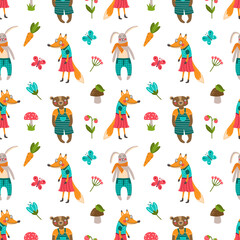 Vector seamless pattern with forest animals in a flat style. Pattern with rabbit, fox and bear, berries, flowers and mushrooms on a white background