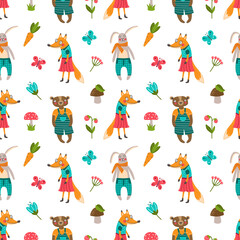 Vector seamless pattern with forest animals in a flat style. Pattern with rabbit, fox and bear, berries, flowers and mushrooms on a white background